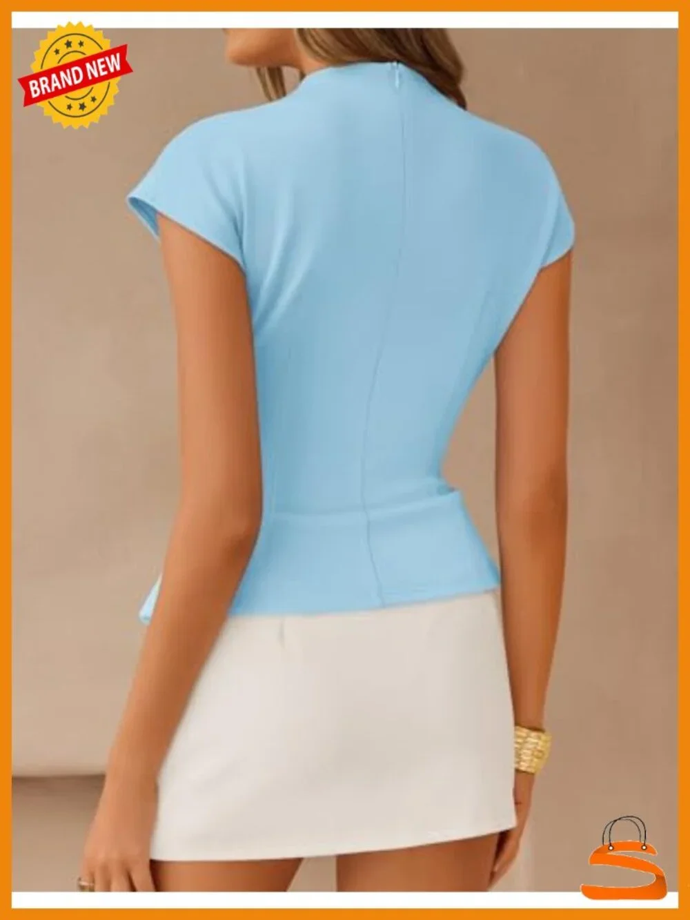 Mock Neck Cap Sleeve Blouse with Belt Back Zip - Picture 4 of 6